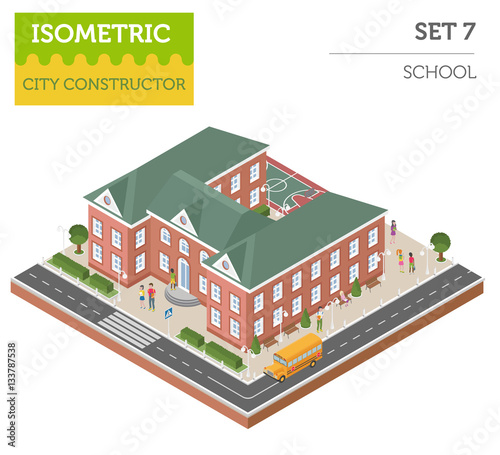 Flat 3d isometric school and city map constructor elements such