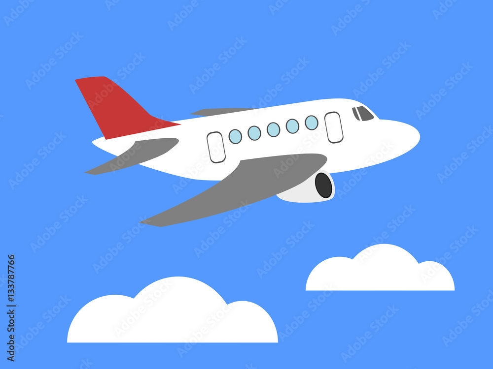 Simple cartoon plane flying over clouds. Isolated on blue sky. Vector  illustration. Stock Vector | Adobe Stock