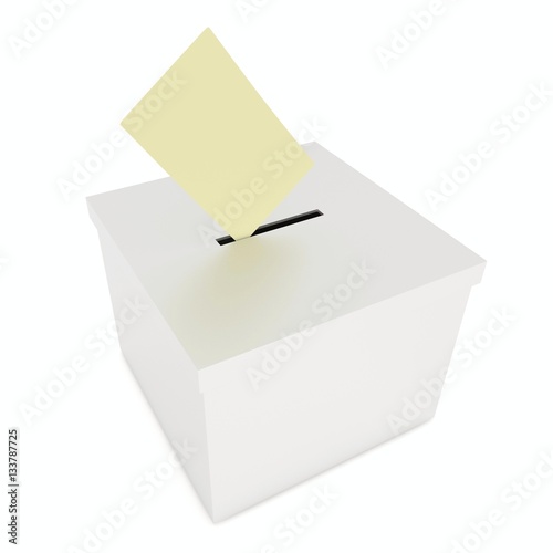Ballot box with a paper falling inside. 3D illustration on white background.
