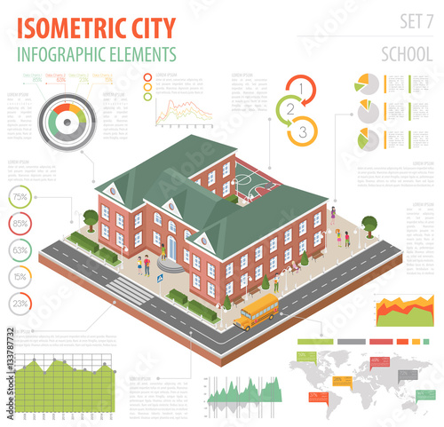 Flat 3d isometric school and city map constructor elements such