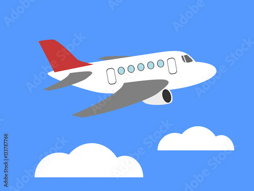 Simple cartoon plane flying over clouds. Isolated on blue sky. Vector illustration.