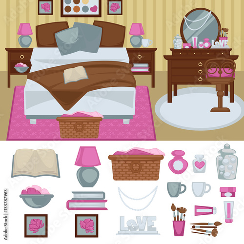 Woman bedroom interior with furniture.