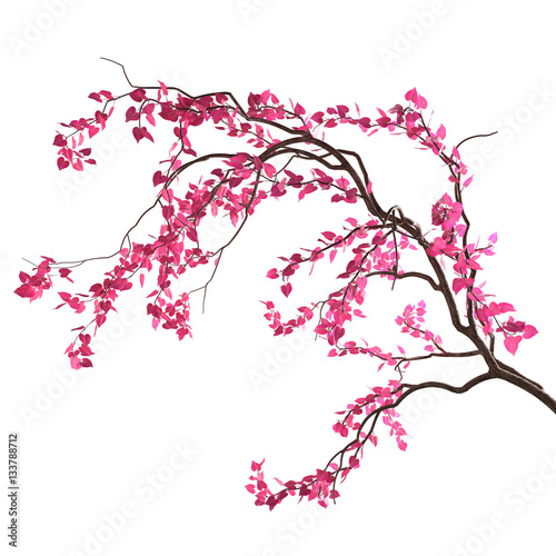 Love tree branch with pink heart-shaped leaves, isolated on white background. Valentine's Day concept. 3D rendering. © dolennen