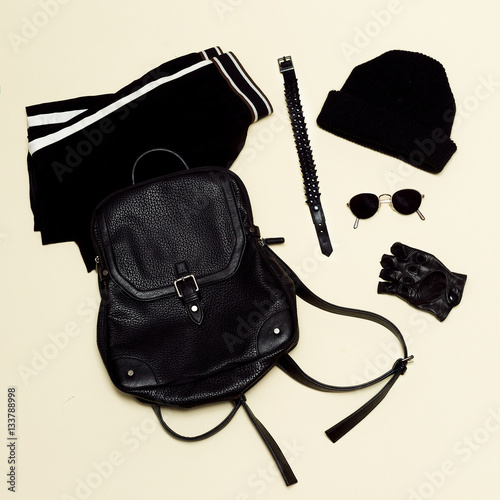 Black fashion set. Backpack and black accessories. Glasses;. Glo