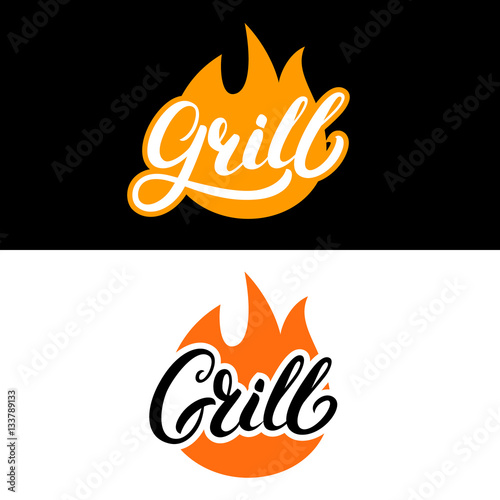 Set of grill hand written lettering logo, label, madge or emblem with fire.
