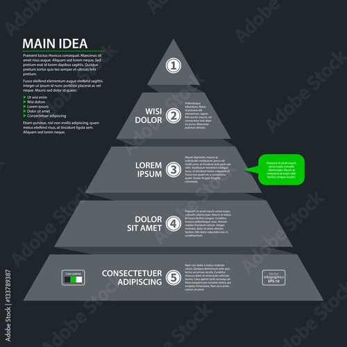 Modern design pyramid chart template with five levels in flat style on dark gray background. Useful for corporate presentations and advertising.
