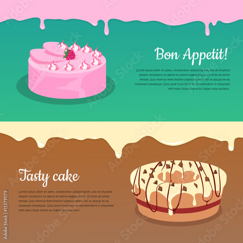 Bon Appetit and Tasty Cake Flat Vector Banners