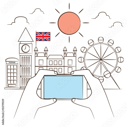 Hand use smart phone for take picture in England, vector illustration, line vector concept.