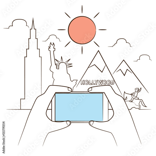 Hand use smart phone for take picture in USA, vector illustration, line vector concept.