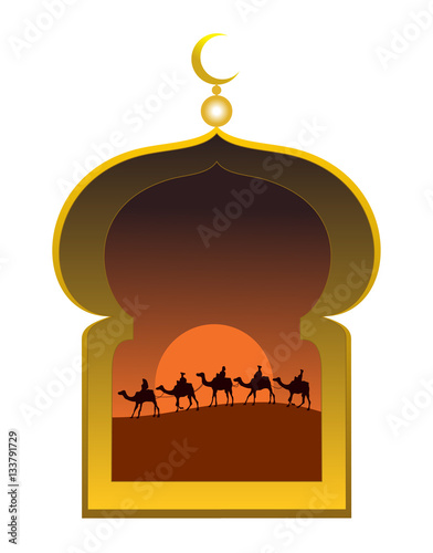 Arabian desert behind the window. Arabian camels. Sunset in a desert.