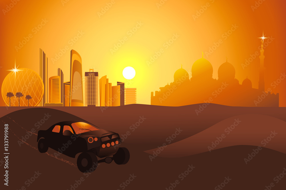 Safari cars in the desert near Abu-Dhabi city