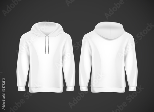 Men white hoody. Realistic mockup. Long sleeve hoody template on