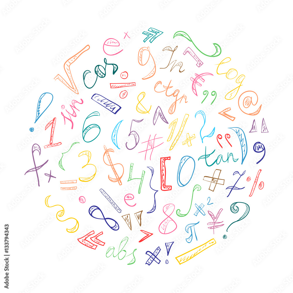 Colorful Hand Drawn Doodle Symbols and Numbers. Scribble Signs Arranged in a Circle. Vector Illustration. Colorful Hand Drawn Doodle Symbols and Numbers. Scribble Signs Arranged in a Circle. Vector Illustration.