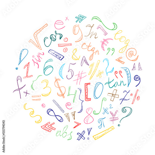 Colorful Hand Drawn Doodle Symbols and Numbers. Scribble Signs Arranged in a Circle. Vector Illustration.