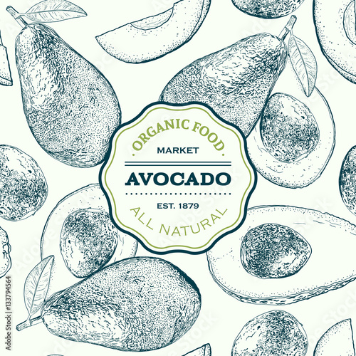 Vector hand drawn avocado seamless pattern. Whole , sliced pieces, half, leaf and seed sketch. Tropical summer fruit engraved style background. Detailed food drawing.