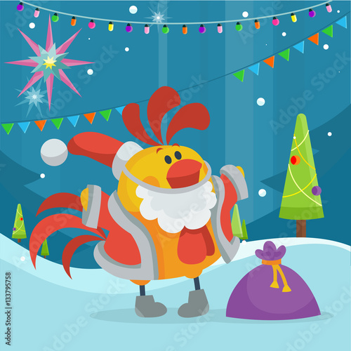 Rooster Bird in Santa s Cloth with Bag of Presents