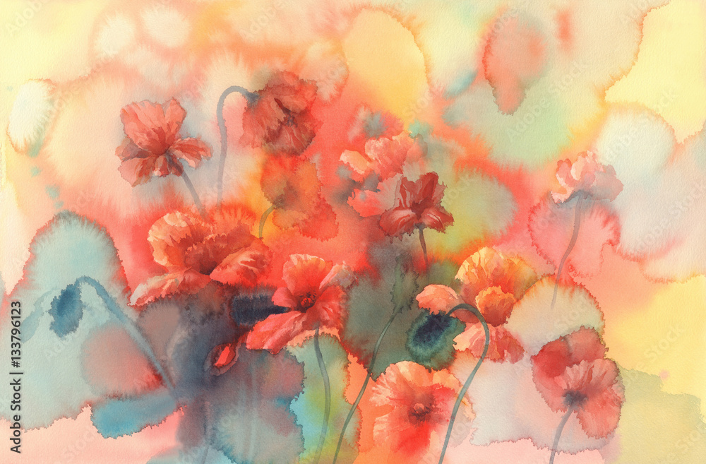 sunny poppy field watercolor - obrazy, fototapety, plakaty 