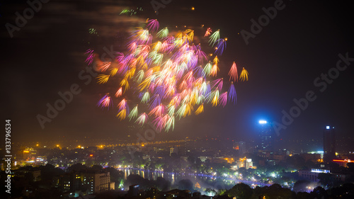 Firework on Hanoi liberation 60th day at Hoan Kiem lake, Hanoi, Vietnam