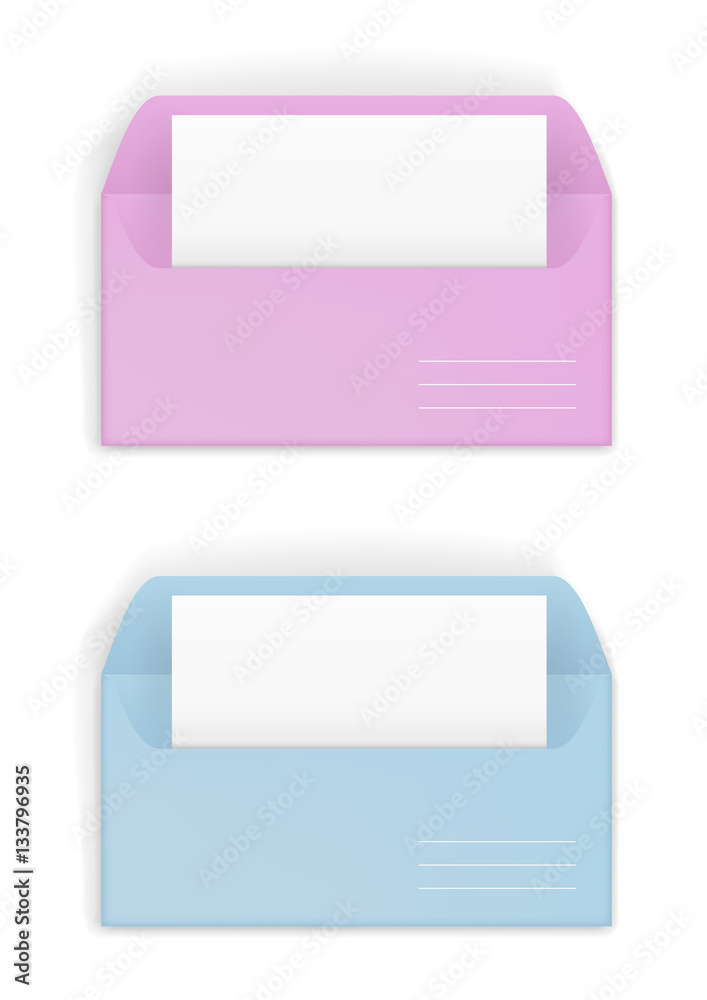 Paper or cardboard envelope pink and blue. Template. Vector graphics