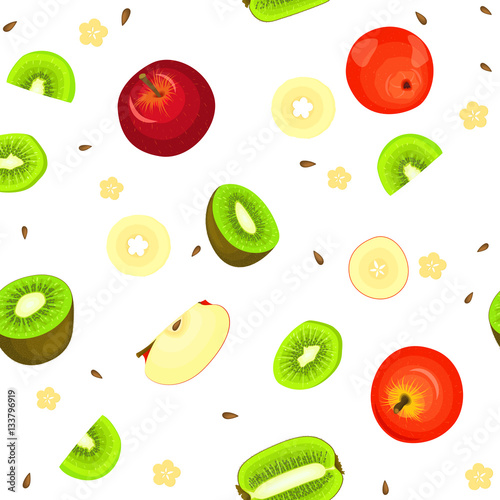 Fototapeta Naklejka Na Ścianę i Meble -  Seamless vector pattern of ripe apple and kiwi fruit. White background with delicious juicy kiwifruits and apples slice half. Vector fresh fruit Illustration for printing on fabric, textile design