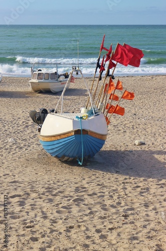 Fishing boats on the beach of Klitmoller, a popular surf destination in Denmark, Scandinavia, Europe.