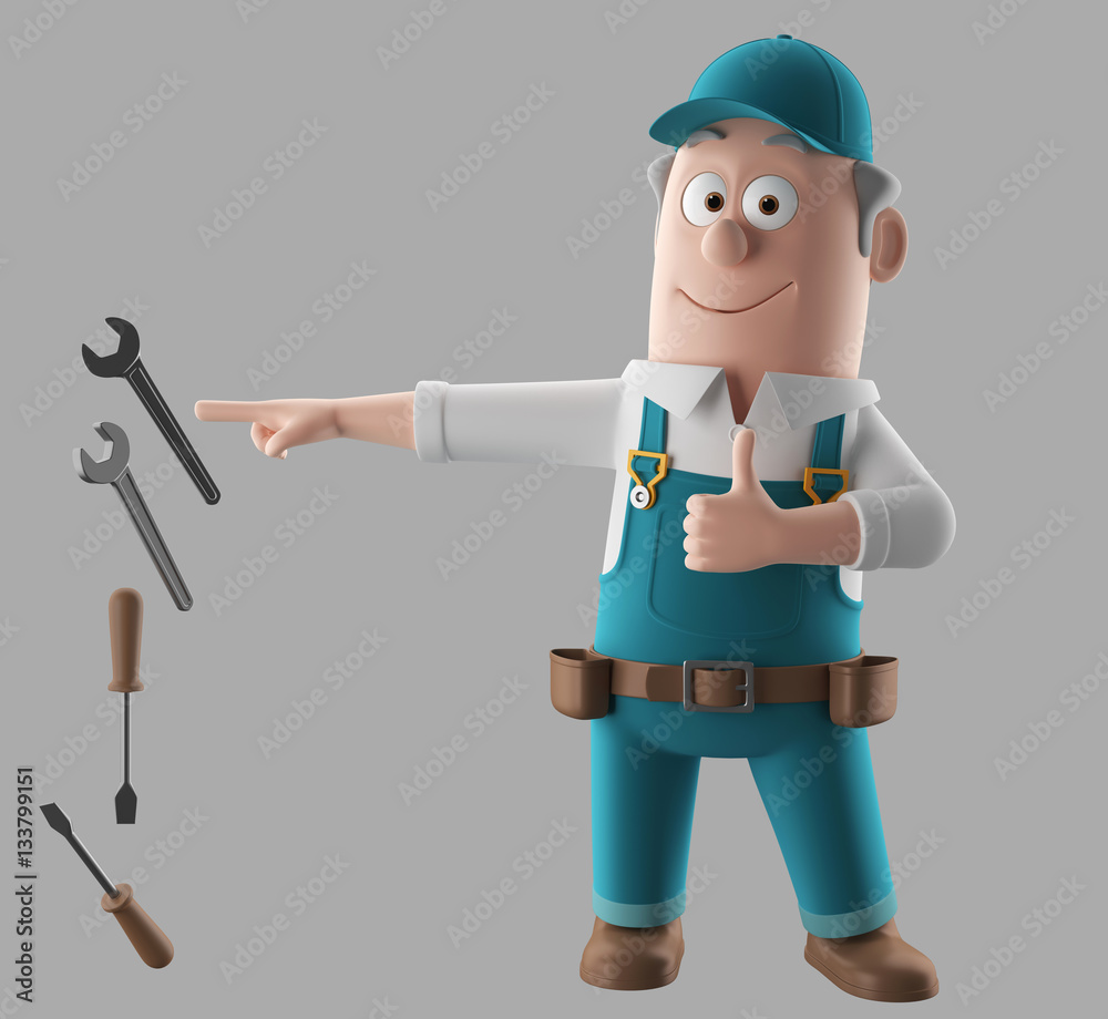 3d render worker man with set of tools 3d render worker man with set of tools