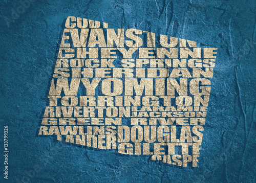 Word cloud map of Wyoming state. Cities list collage. Grunge texture photo