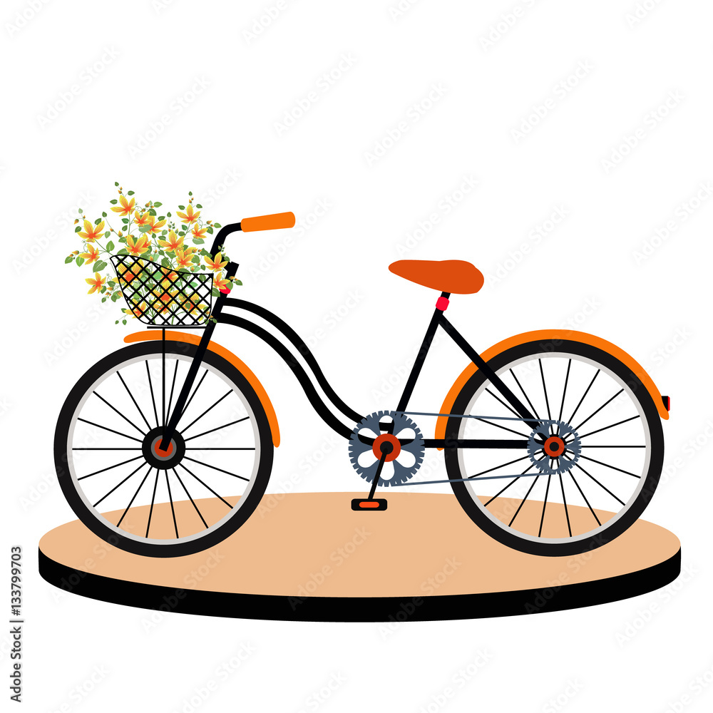 orange bike with flowers bouquet in basket isolated on white, vector illustration