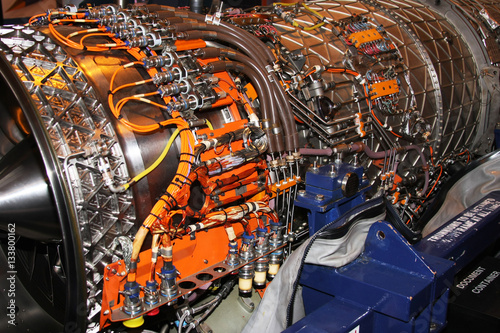 External structure and pipe work on a jet engine. photo