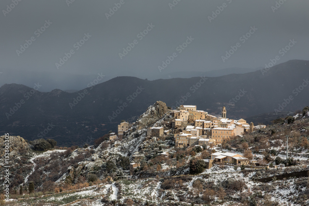 Snow on mountain village of Speloncato in Corsica
