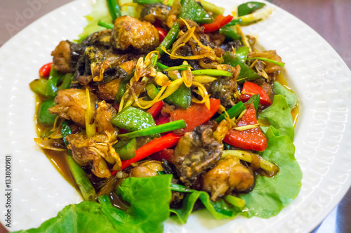 fried frog meat with green and red peppers