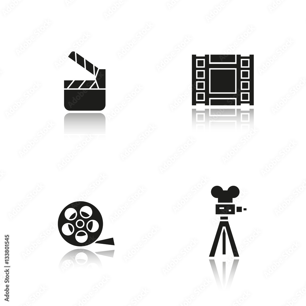 Filming drop shadow black icons set. Film camera, video , reel, movie  clapperboard symbol. Isolated vector illustrations. Stock Vector