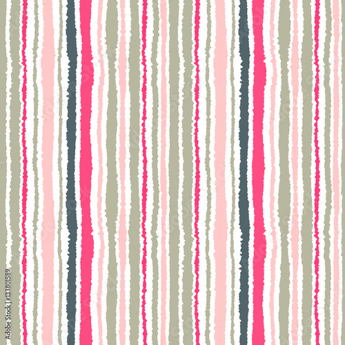 Seamless strip pattern. Vertical lines with torn paper effect. Shred edge background. Light, contrast, gray, pink colors on white. Vector illustration