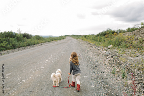 Young girl and dog on road, National Park, Alaska, North America  photo
