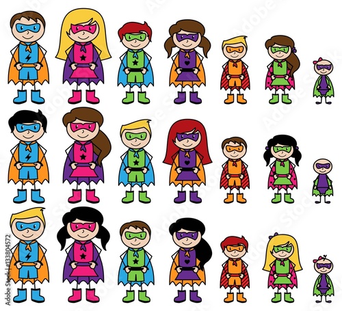 Cute Collection of Diverse Stick Figure Superheroes or Superhero Families - Vector Format