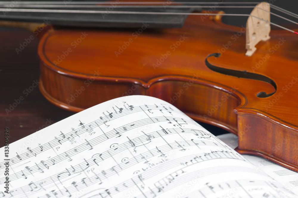 Fototapeta premium Music notes and violin close up
