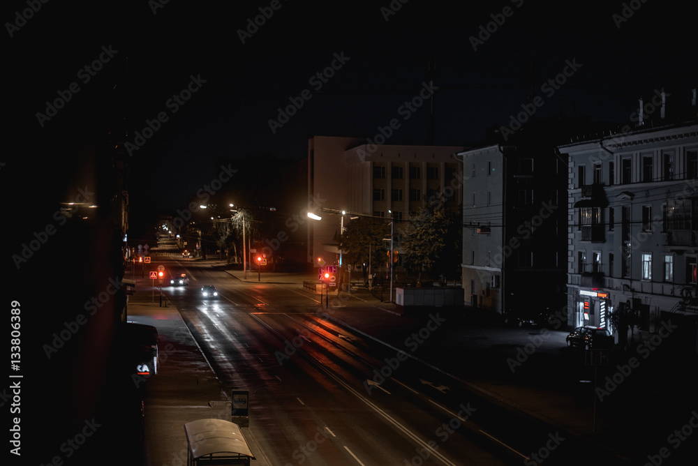 night city life: car on the road and street lamps