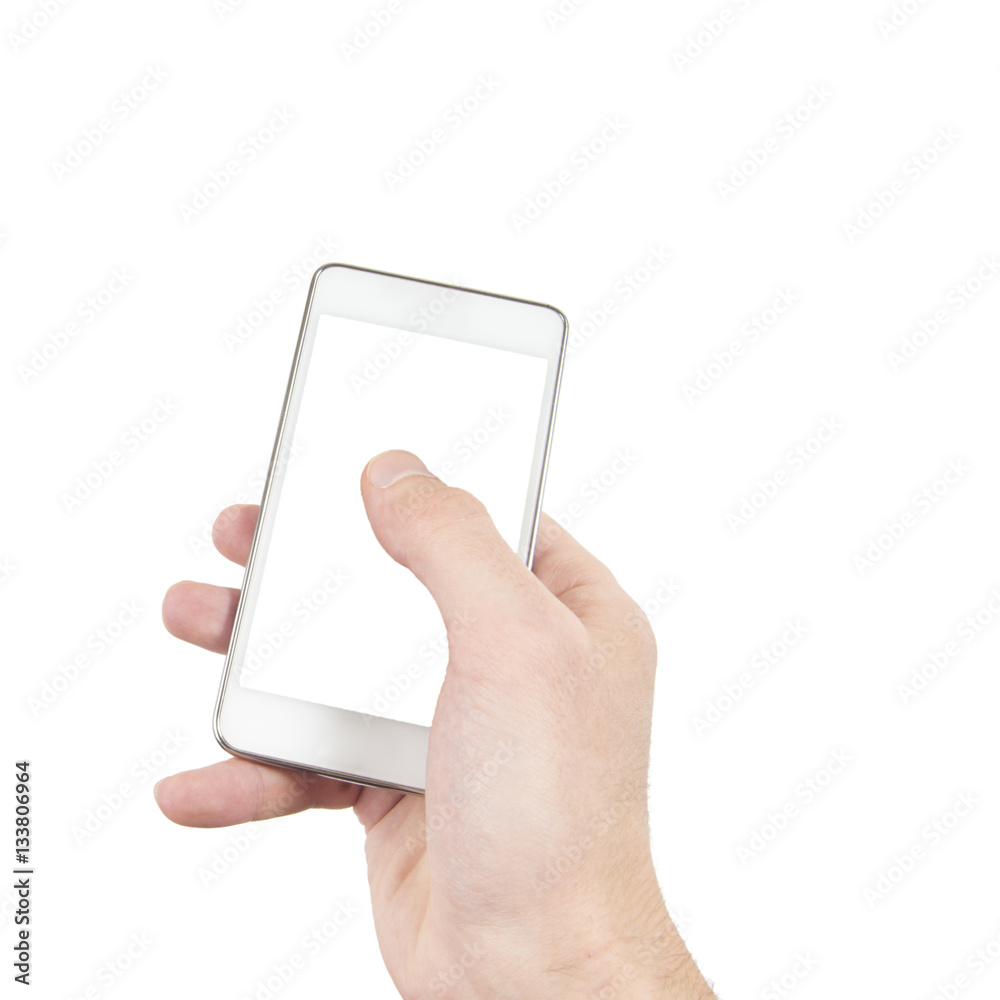 Smartphone in hand with blank screen isolated on white, clipping Smartphone in hand with blank screen isolated on white, clipping