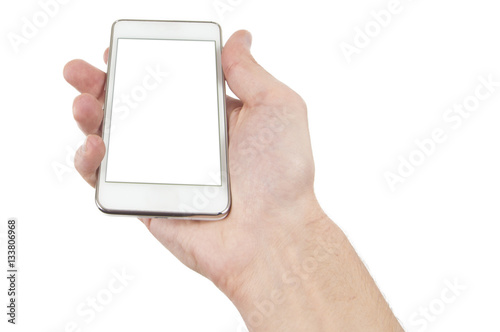 Smartphone in hand with blank screen isolated on white, clipping