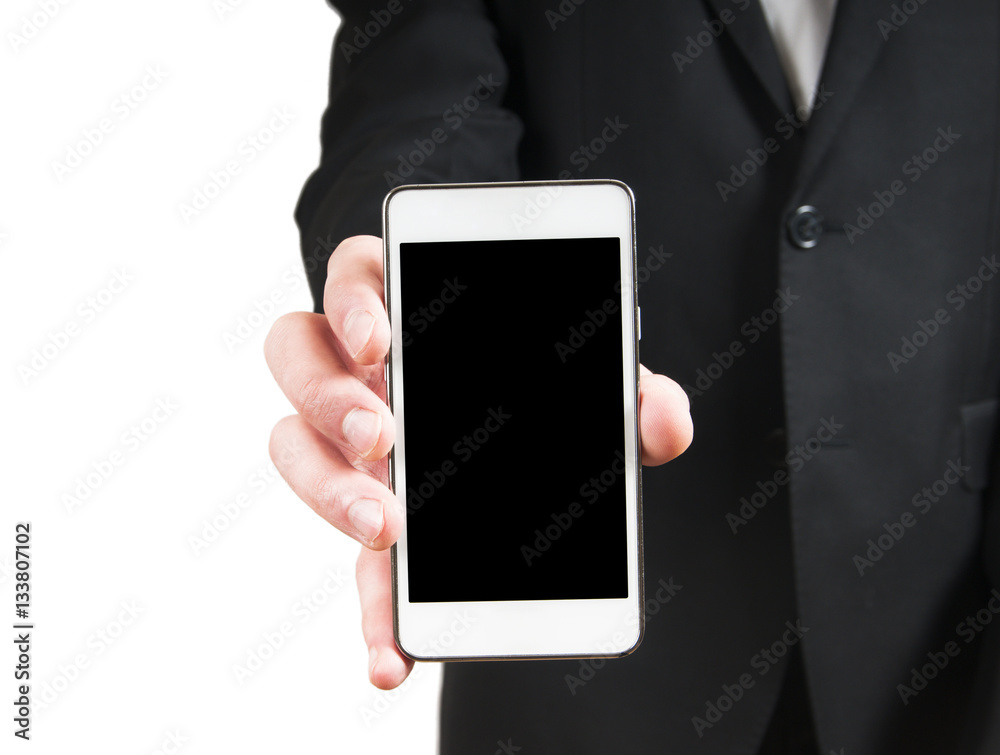 Human hand holding blank mobile smart phone isolated on white ba Human hand holding blank mobile smart phone isolated on white ba