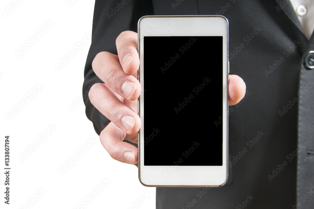 Human hand holding blank mobile smart phone isolated on white ba Human hand holding blank mobile smart phone isolated on white ba