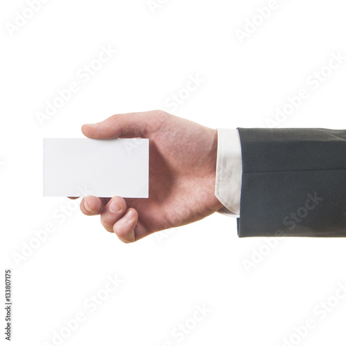 Blank business card in a businessman's hand