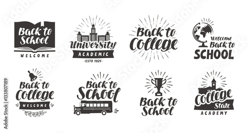 School, college set icons. Beautiful calligraphic lettering. Label vector illustration