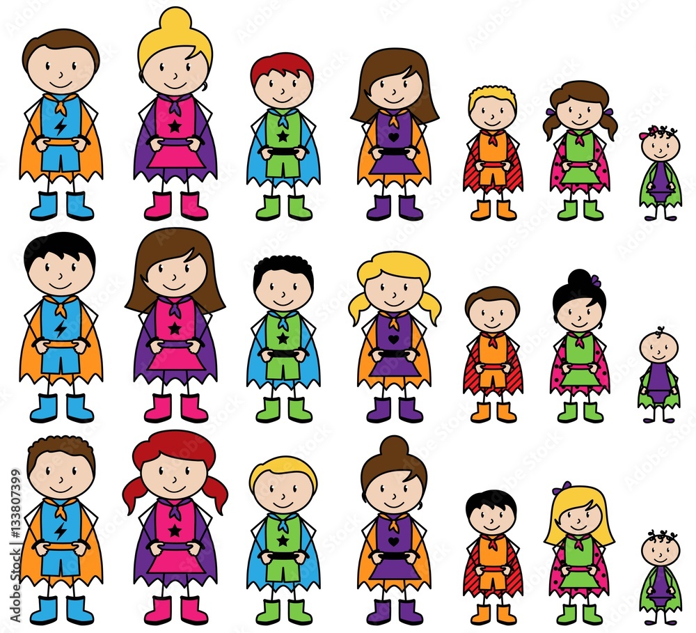 Cute Collection of Diverse Stick Figure Superheroes or Superhero Families - Vector Format Cute Collection of Diverse Stick Figure Superheroes or Superhero Families - Vector Format
