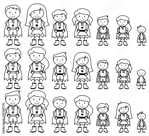Cute Collection of Diverse Stick Figure Superheroes or Superhero Families - Vector Format