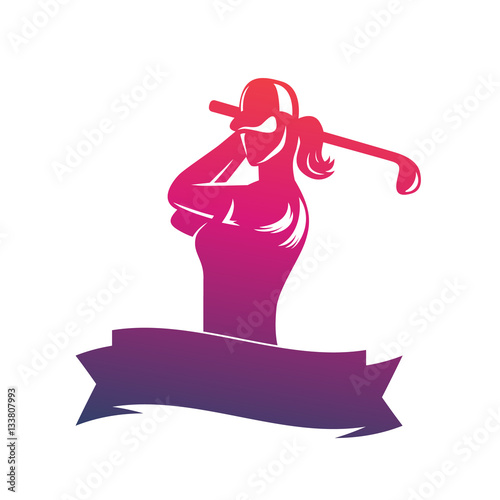 golf logo, emblem template with girl swinging club isolated over white