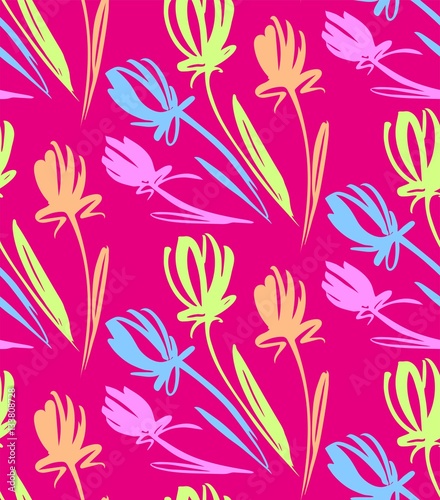 Floral seamless background pattern with tulips. Spring flowers blossom vector illustration hand drawn.