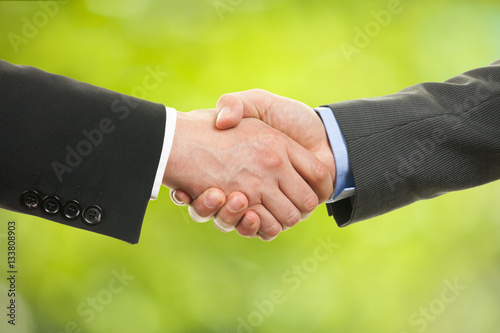 Handshake in front of green leaves background