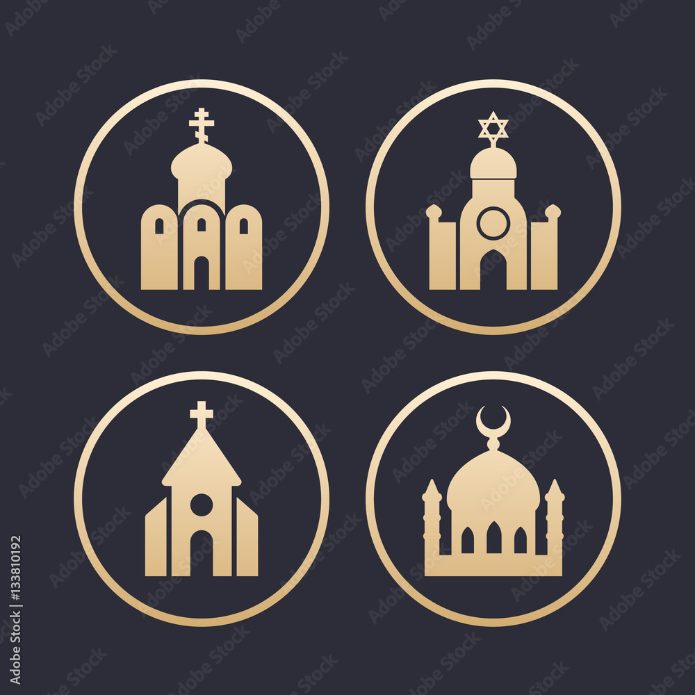 religion buildings icons set, mosque, catholic and orthodox church, synagogue, gold on dark
