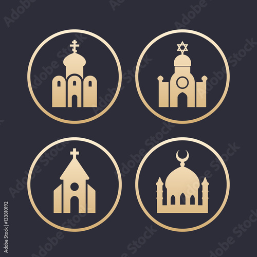 religion buildings icons set  mosque  catholic and orthodox church  synagogue  gold on dark